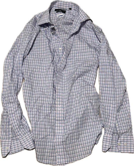 NEW GIRL: Schmidt's Bloomingdales pink blue and white Plaid Button Down Shirt (M)