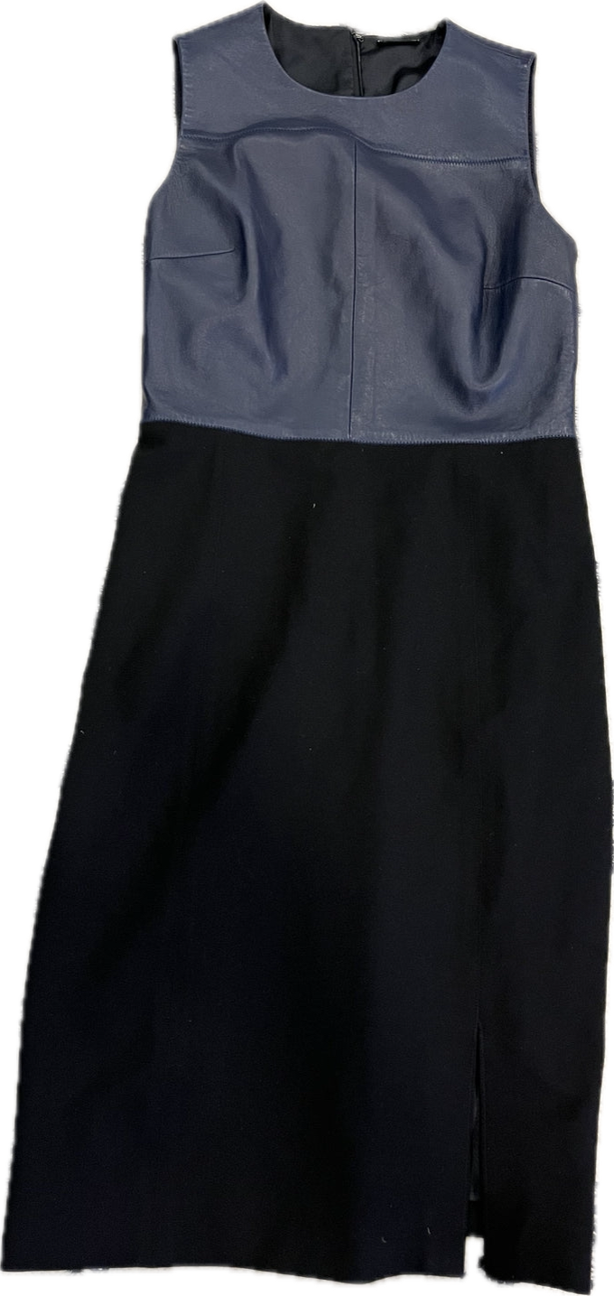 NEW GIRL: Jess’ Leather top ELIE TAHARI Blue & Black Dress (S)