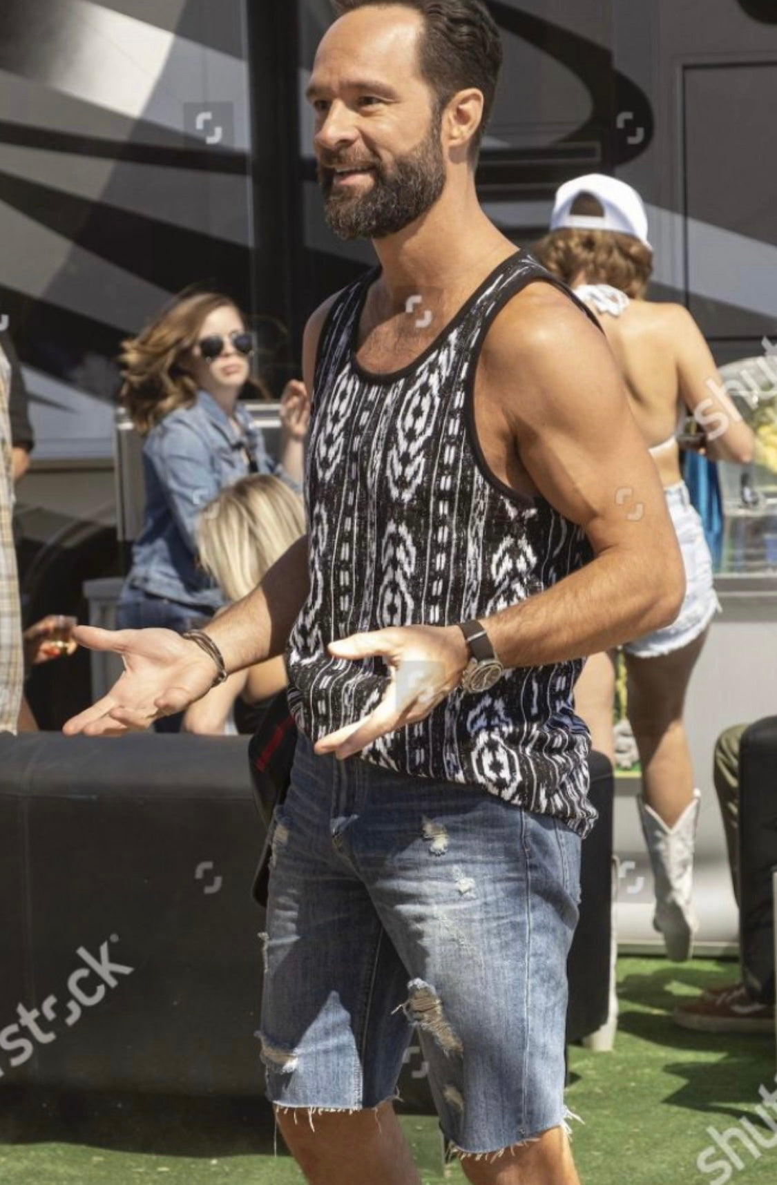 Silicon Valley: Russ Hanneman's White Tank Top and BLANKNYC Denim Jean Shorts from "RussFest"