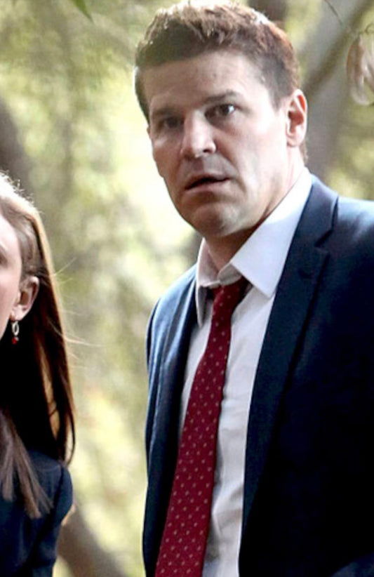 BONES: Agent Booth's episode used Red and White Small Polkadot Necktie & Business Card