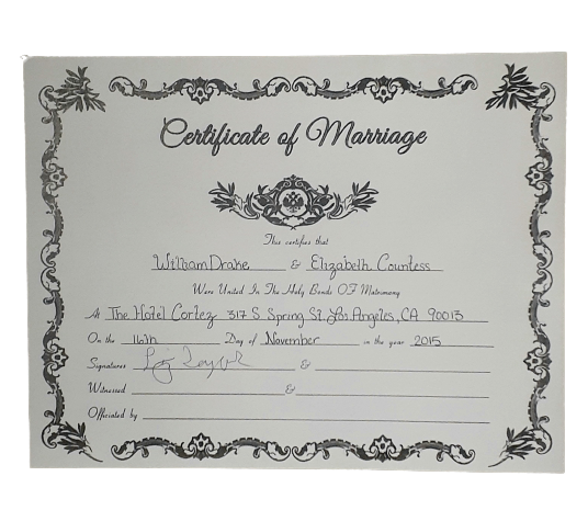 American Horror Story Hotel: William Drake & Elizabeth Countess Certificate Of Marriage