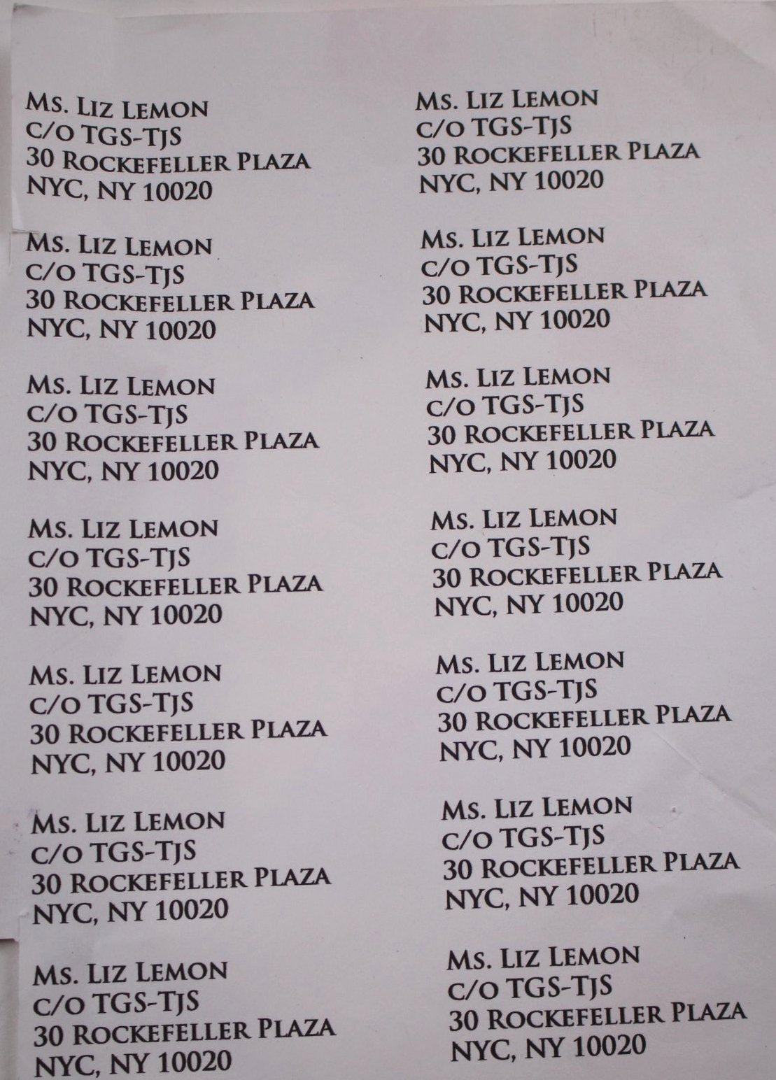 Liz Lemon's Address Labels