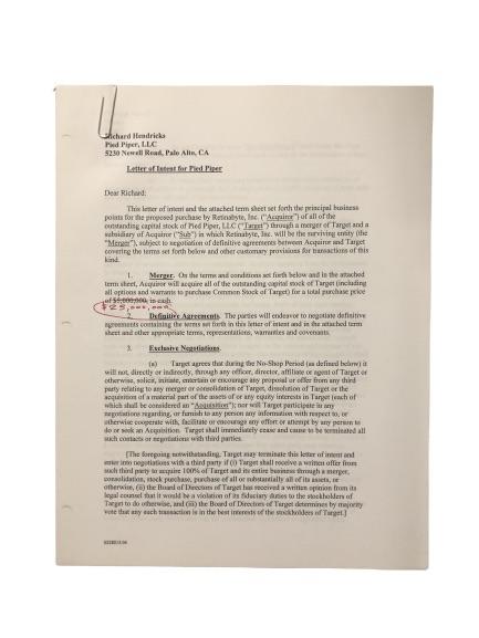 SILICON VALLEY: Target's Letter of Intent #2 for Pied Piper