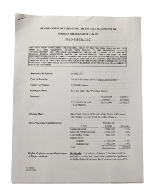 SILICON VALLEY: Memorandum of Terms for the Private Placement of Series B Preferred Stock of Pied Piper