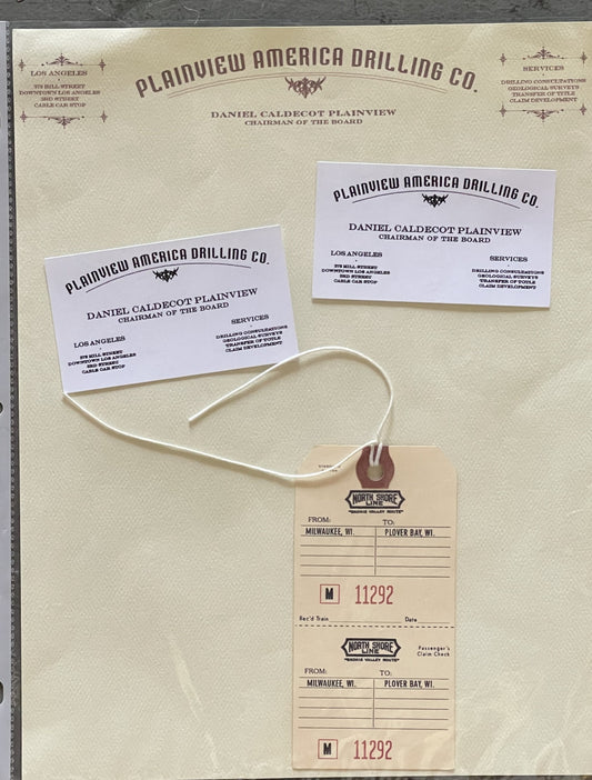 There Will Be Blood: Daniel's Business Cards, Letterhead & Luggage Tag from Sc. 17