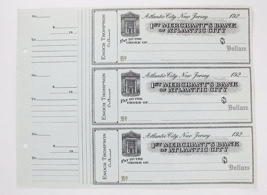 Boardwalk Empire's Enoch Thompson First Merchant Bank Check Sheets of 3 (21)