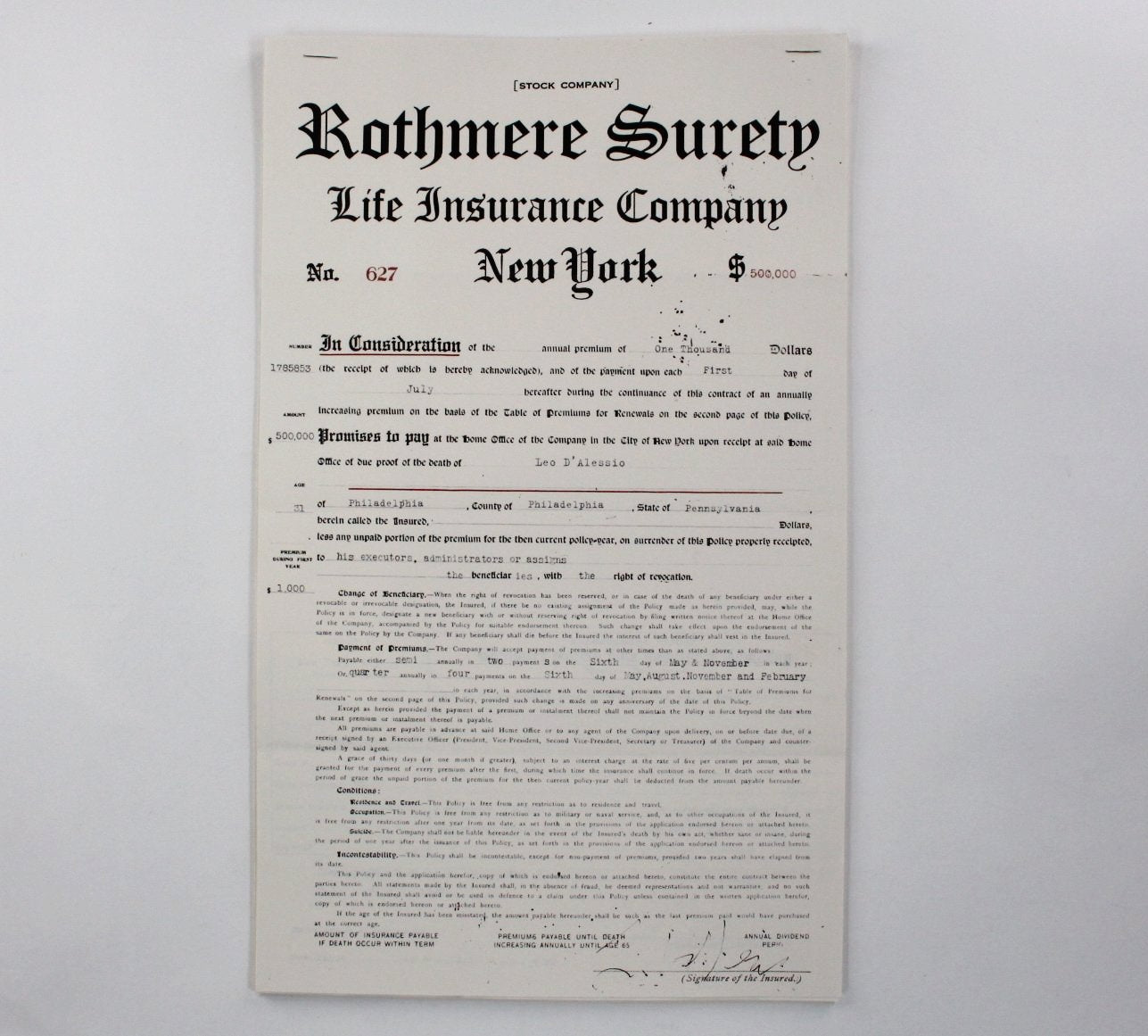 Boardwalk Empire's Rothmere Surety Life Insurance Policy For Leo D'Alessio (6)