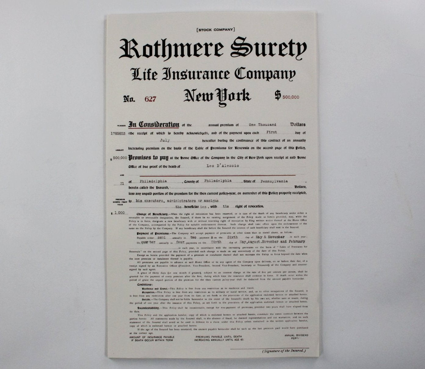 Boardwalk Empire's Rothmere Surety Life Insurance Policy For Leo D'Alessio, Cover Page Only (43)