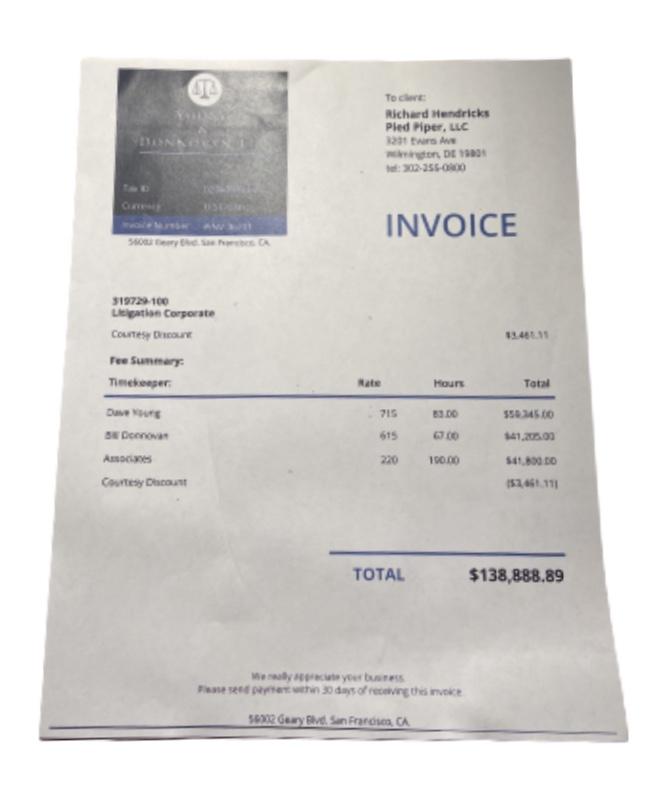 SILICON VALLEY: Richard's Attorney Invoice