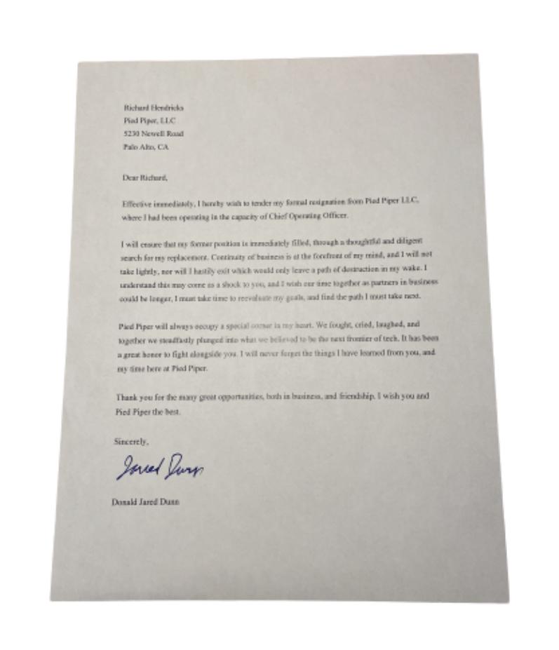 SILICON VALLEY: Jared's Signed Letter of Resignation from Pied Piper