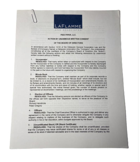 SILICON VALLEY: Pied Piper Action by Unanimous Written Consent of the Board of Directors