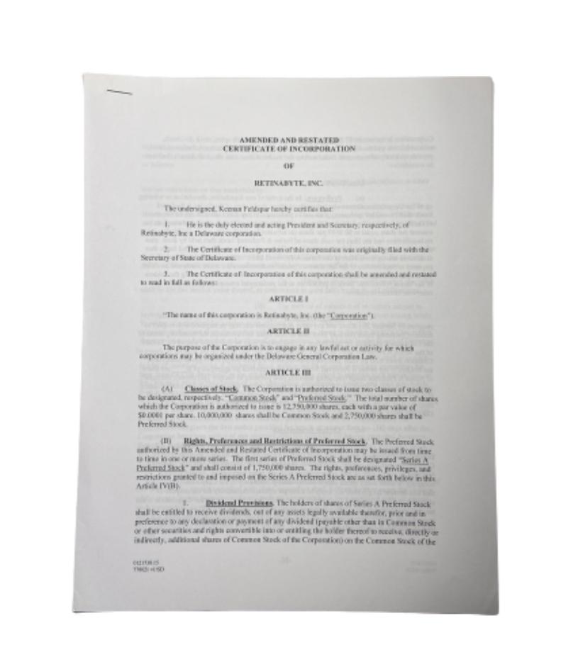 SILICON VALLEY: Amended & Restated Certificate of Incorporation of Retinabyte Inc.