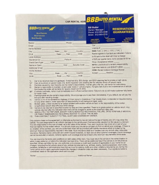 PARKS AND RECREATION: BBB Car Rental Agreement & Bill Butler Business Card