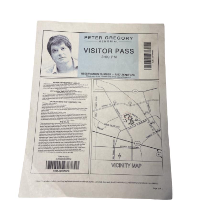 SILICON VALLEY: Peter Gregory's Memorial Directions and Visitor Pass