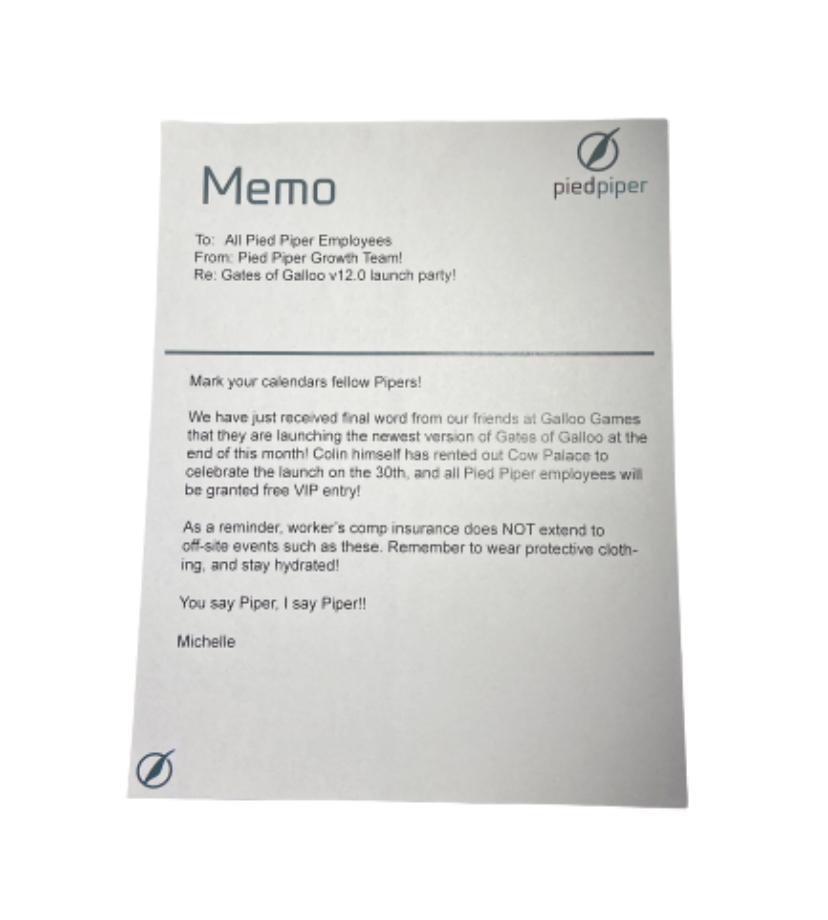 SILICON VALLEY: Pied Piper Gates of Galloo Launch Party Memo