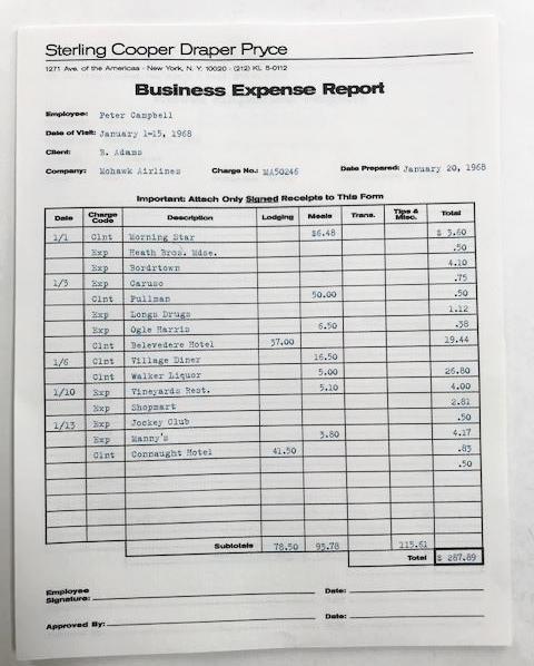 Mad Men: Pete Campbell's MOHAWK AIRLINES Business Expense Report