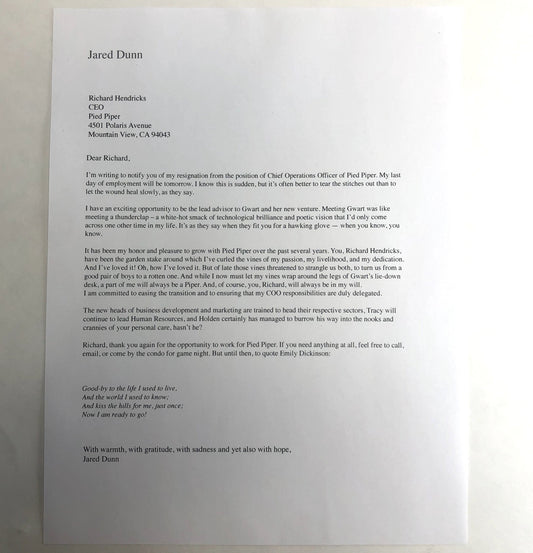 SILICON VALLEY: Jared's Letters of Resignation
