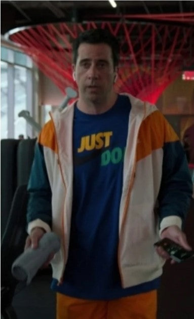 BALLERS: Jason's Iconic NIKE Teal Orange Windbraker Jacket and Blue Just Do It T-shirt (L)