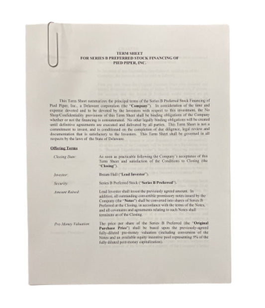 SILICON VALLEY: Bream Hall Term Sheet for Pied Piper