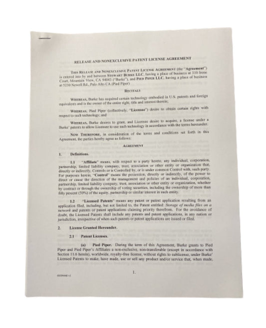SILICON VALLEY: Stewart Burke LLC Release and Nonexclusive Patent License Agreement with Pied Piper