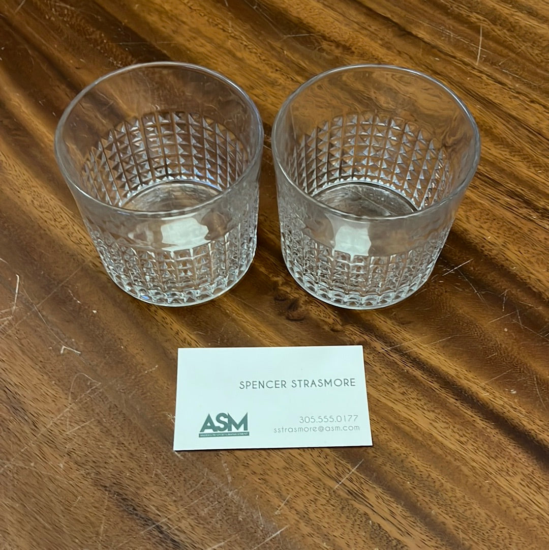 BALLERS: Spencer's ASM Office Crate & Barrel Whiskey Glasses and Business Card