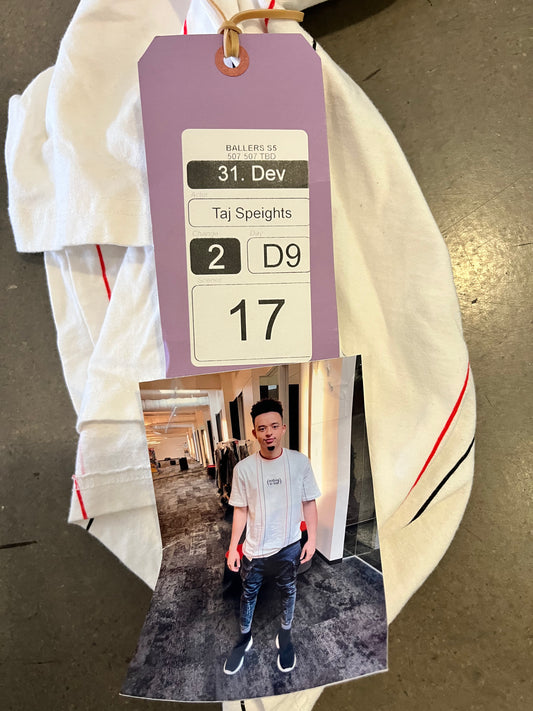 Ballers: Taj Spikes' "Dev" show tag and shirt