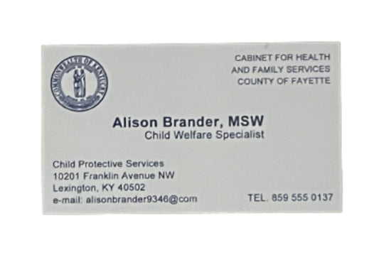 Justified: Alison Brander's Child Welfare Specialist Business Card