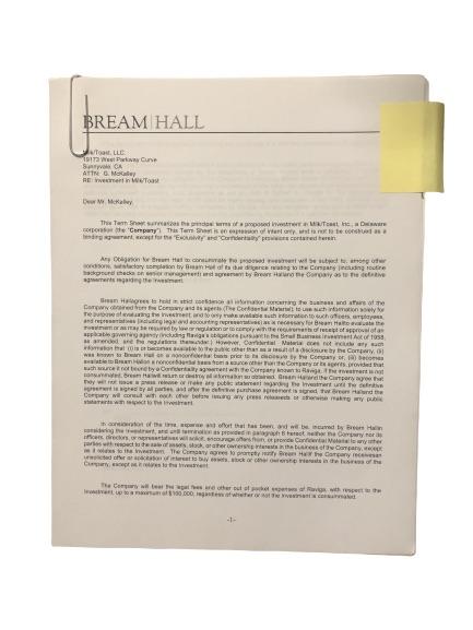 SILICON VALLEY: Bream Hall Investment Inquiry for Milk/Toast