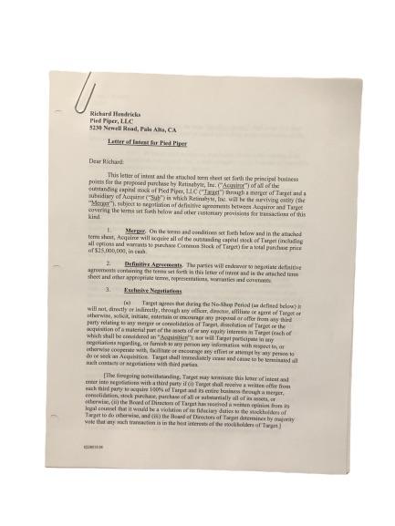 SILICON VALLEY: Target's Letter of Intent #3 for Pied Piper